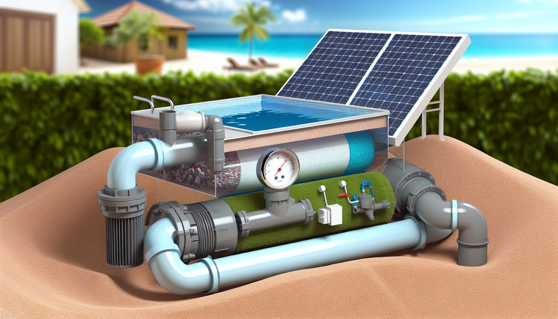 Illustration einer Poolfiltrationsanlage mit Solarpanelen vor einer tropischen Strandkulisse.