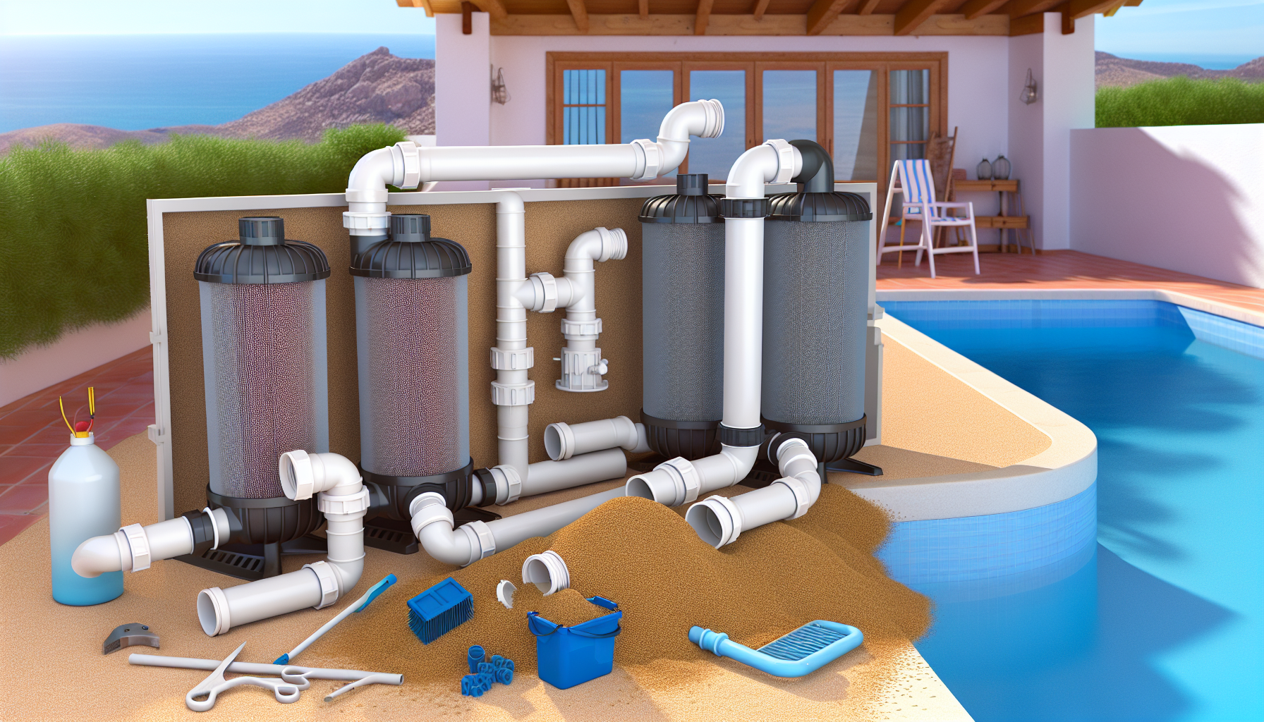 Pool-Filteranlage mit Rohren und Werkzeugen auf einer Terrasse neben einem Swimmingpool.