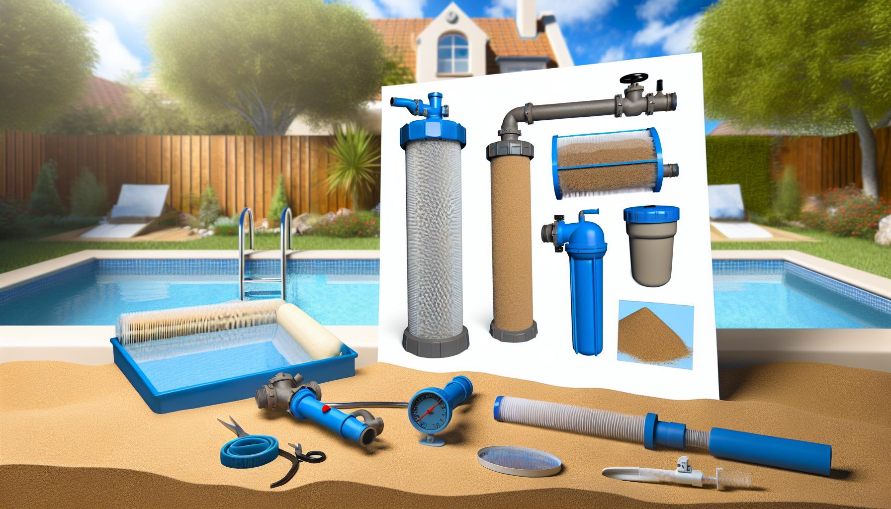 Verschiedene Poolpflege-Ausrüstung und Filteranlagen vor einem Hinterhof-Swimmingpool.