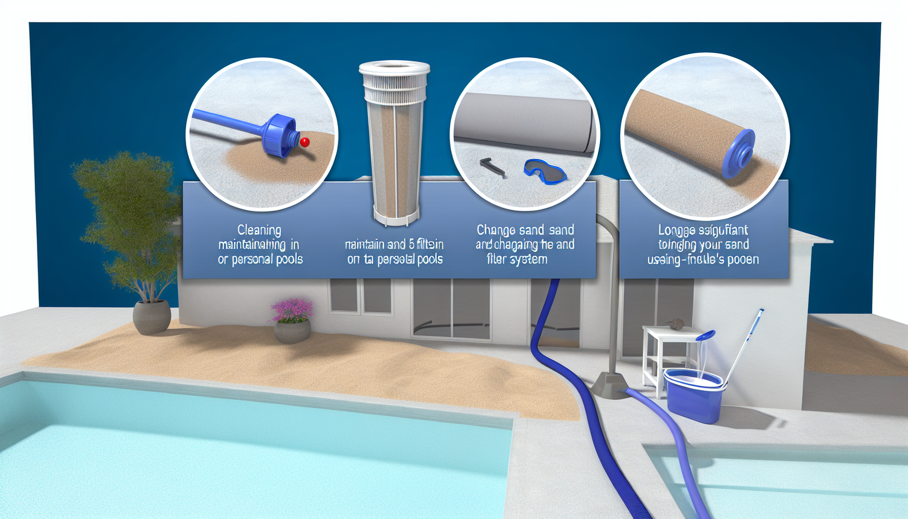 Illustration zur Wartung und Reinigung von Poolfiltersystemen mit verschiedenen Werkzeugen und Komponenten.