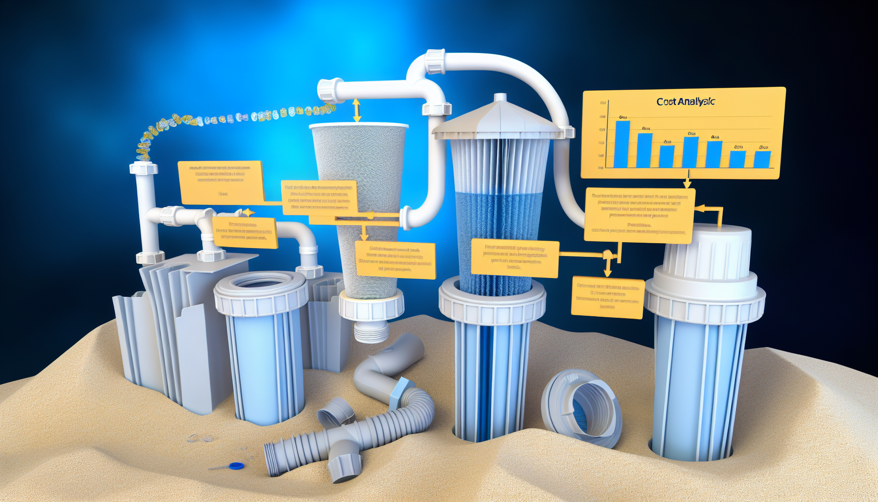 3D-Darstellung eines stilisierten Wasserfiltersystems mit Diagrammen und Textfeldern auf sandigem Untergrund.