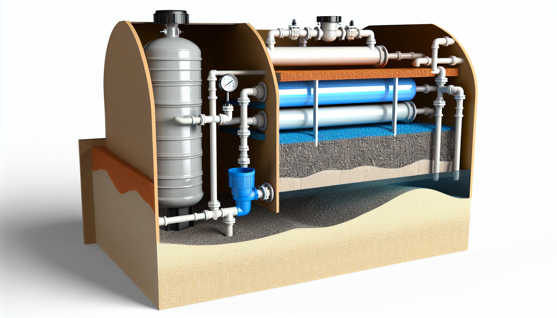 Schematische Darstellung einer Wasserfiltrationsanlage mit verschiedenen Rohren und Filtern im Querschnitt.