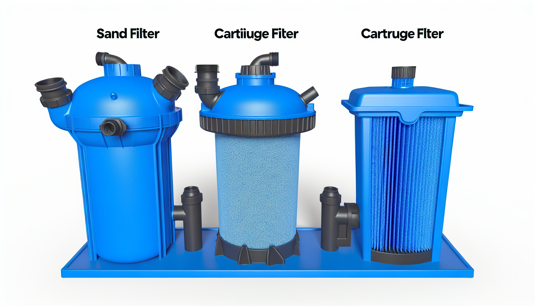 Drei verschiedene Typen von blauen Wasserfiltern auf einem Tablett, beschriftet als Sandfilter, Kartuschenfilter und Cartridge-Filter.