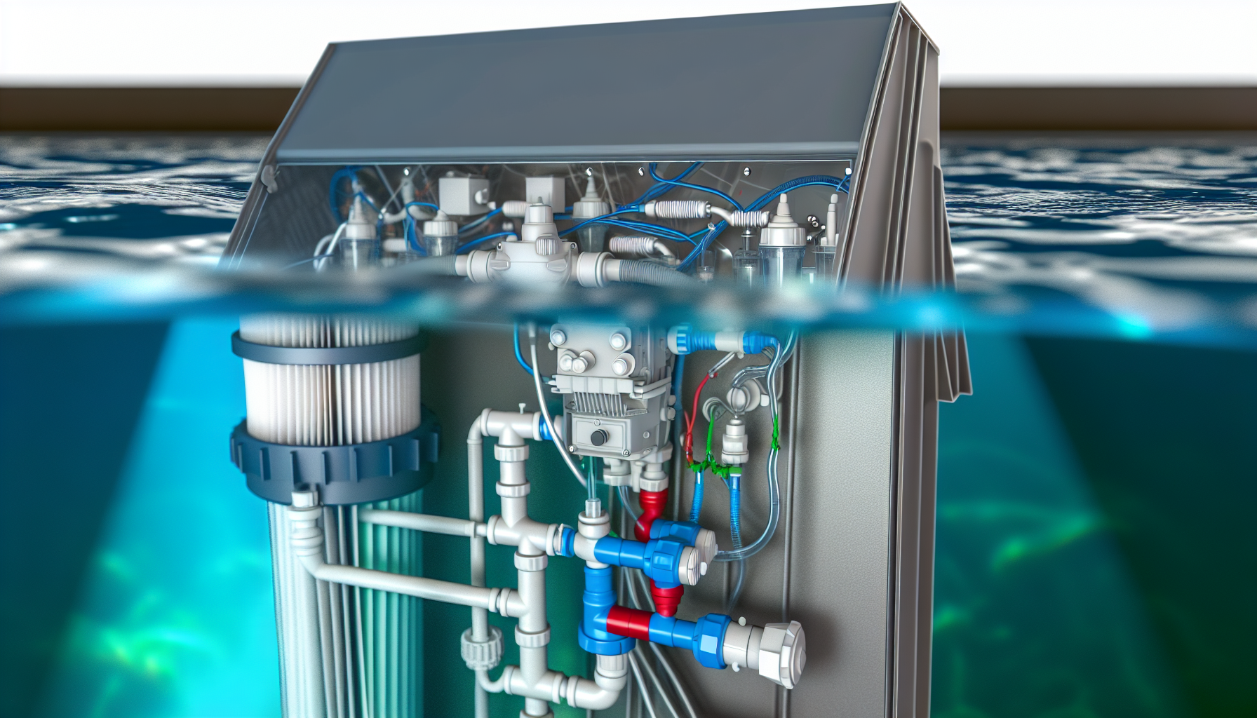 Illustration einer Unterwasseranlage mit Rohrleitungssystemen und technischen Einrichtungen.