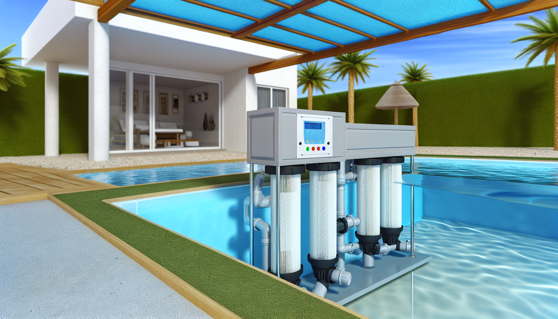 Ein Poolfiltersystem vor einem modernen Haus mit Swimmingpool und grünem Garten.