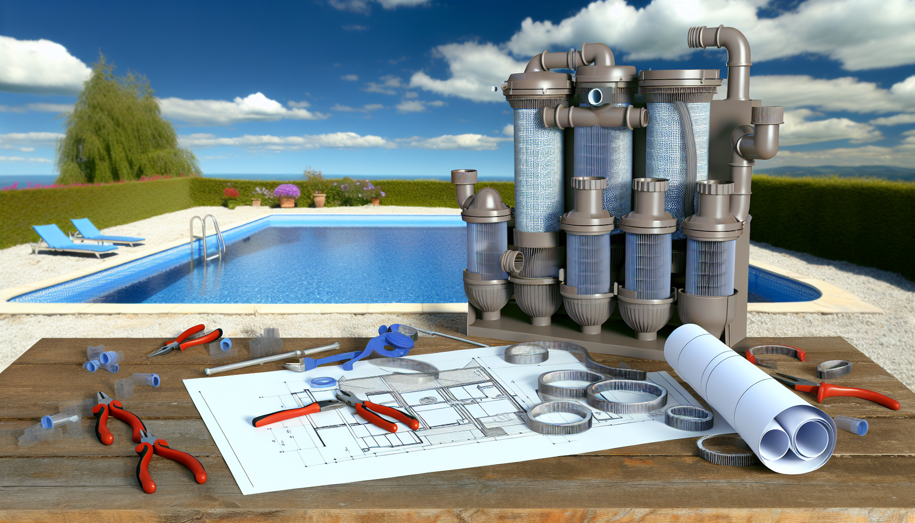 Poolwartungs-Ausrüstung und -Pläne vor einem Swimmingpool mit blauem Himmel im Hintergrund.
