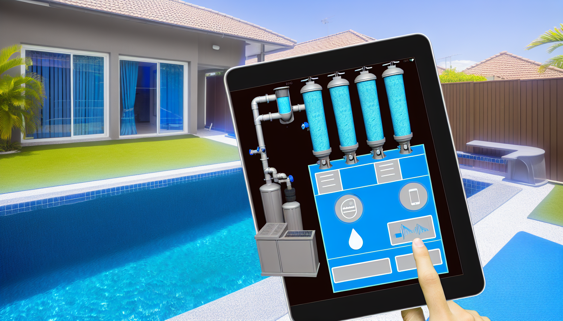 Digitale Schwimmbadpflege über ein Tablet mit sichtbaren Wasserfiltern und einer Poolumgebung im Hintergrund.