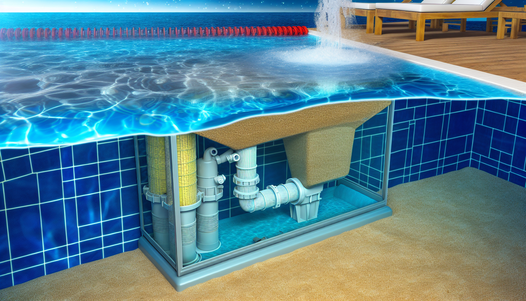 Querschnittansicht eines Swimmingpools mit Wasseroberfläche und offen gelegter Filteranlage.