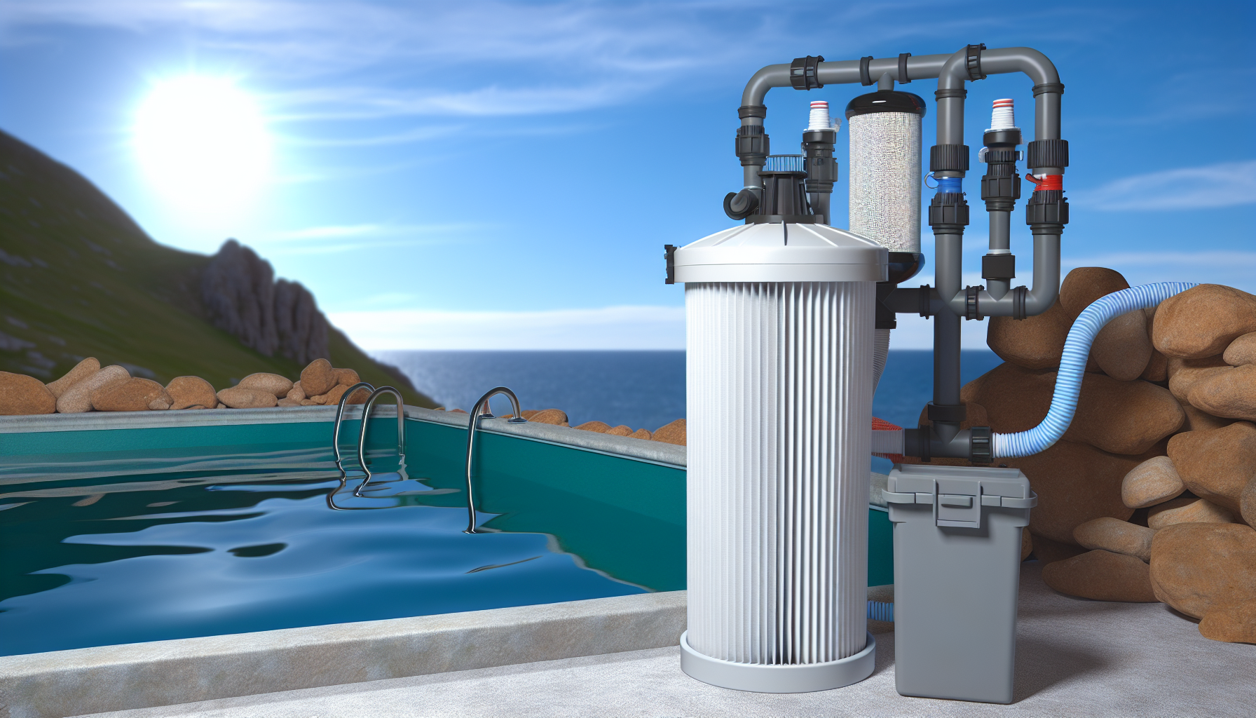 Ein Swimmingpool mit Filtersystem an einem sonnigen Tag mit felsiger Küste im Hintergrund.