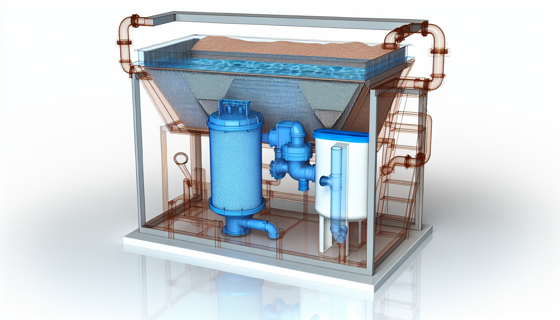 3D-Darstellung eines Schnittmodells eines Pool-Filtersystems.