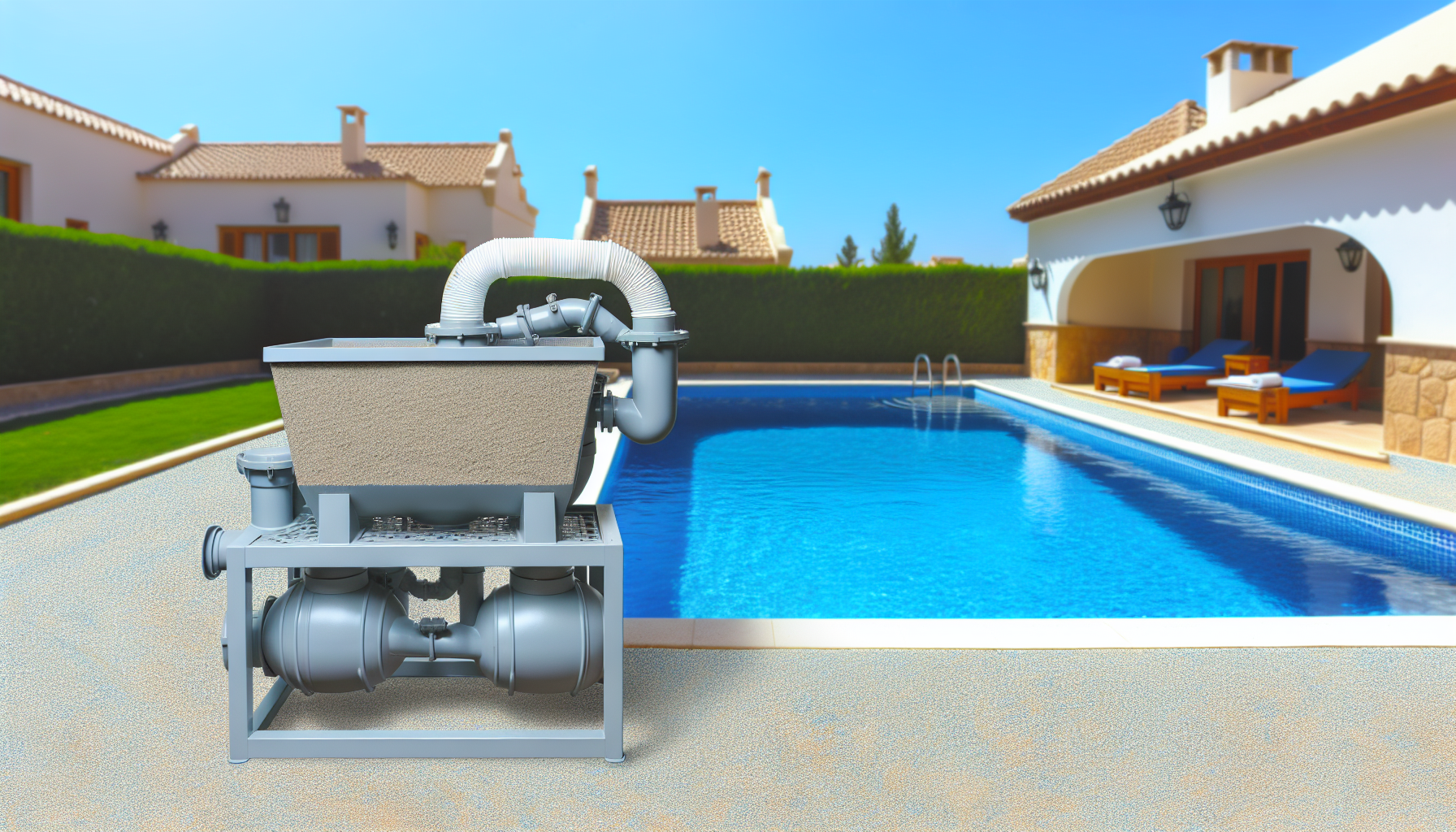 Poolpumpe und Filter vor einem privaten Swimmingpool mit Liegestühlen und Wohngebäuden im Hintergrund.