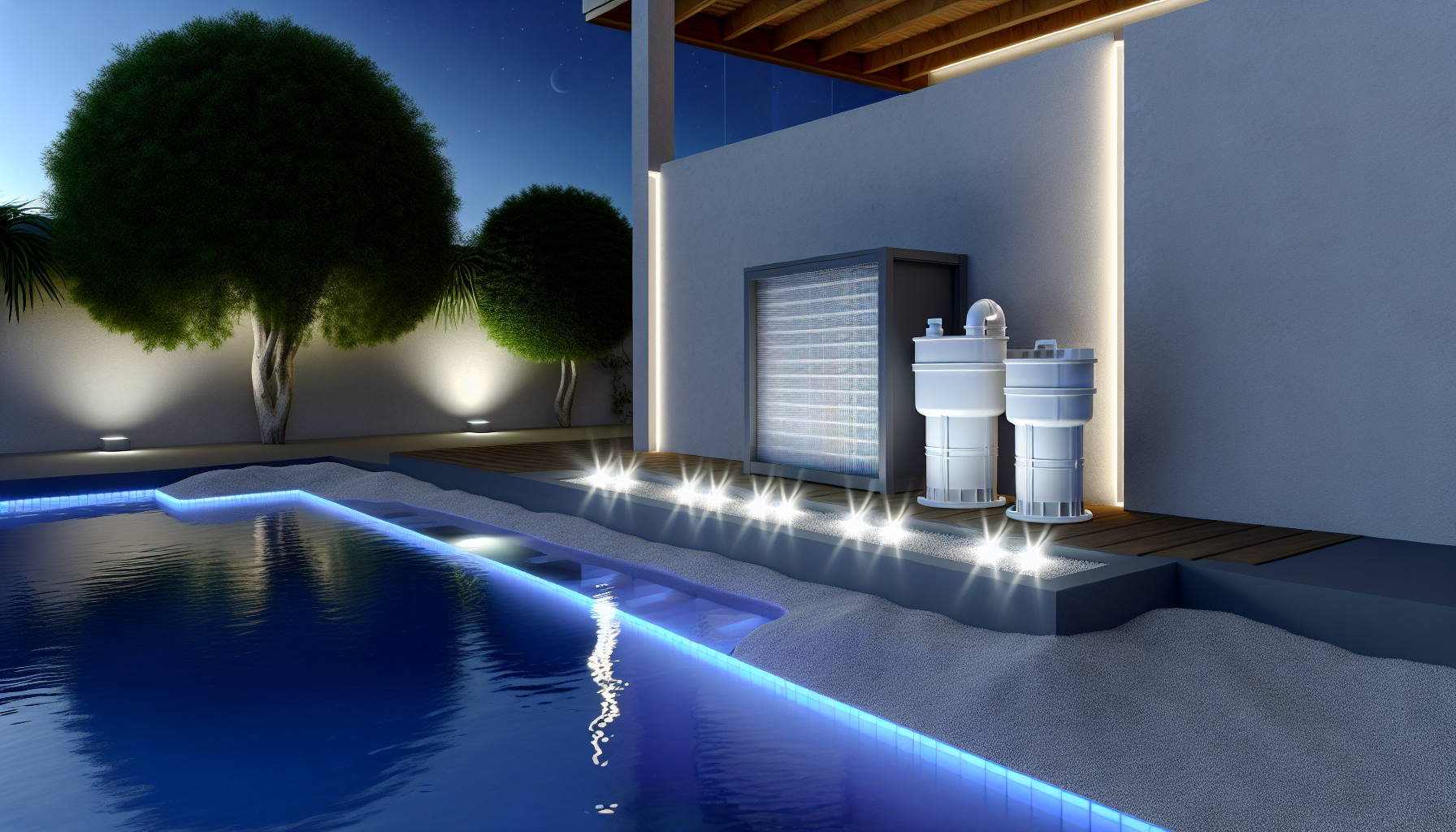Ein modernes Pool-Design bei Nacht mit stimmungsvoller Beleuchtung und angrenzender Terrasse.