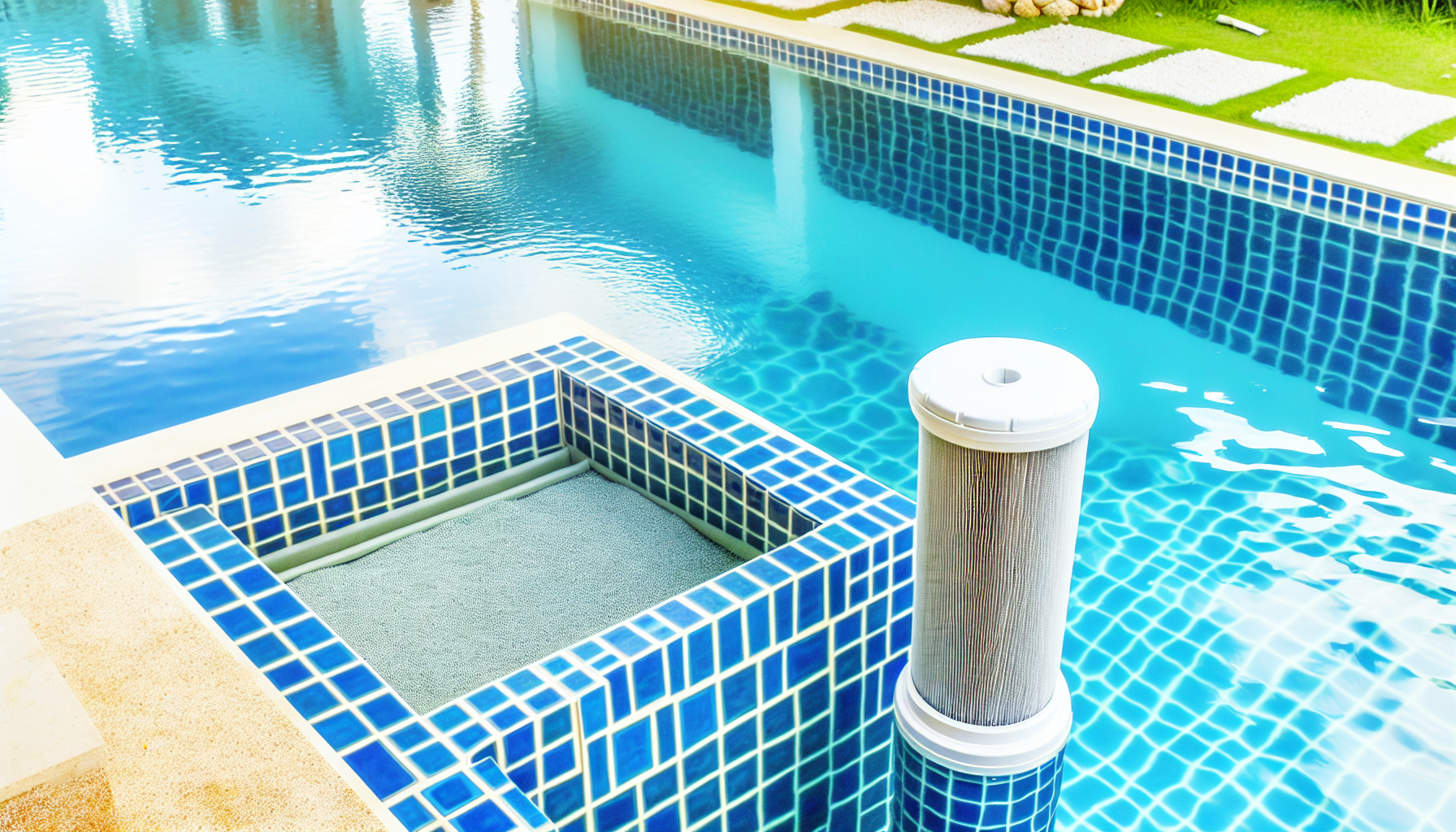 Ein Swimmingpool mit blauen Fliesen und einem herausgenommenen Filter an der Seite.