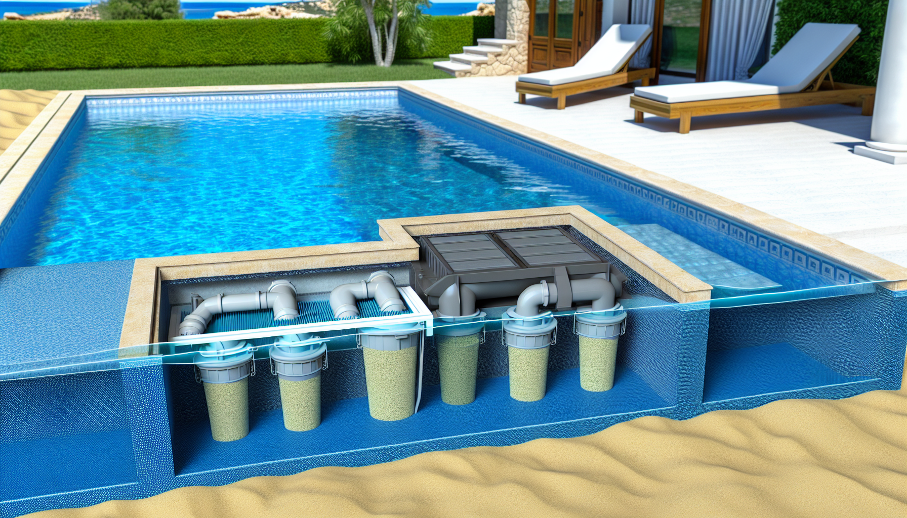 Querschnitt eines Swimmingpools mit sichtbarem Filtersystem und Gartenliegen im Hintergrund.