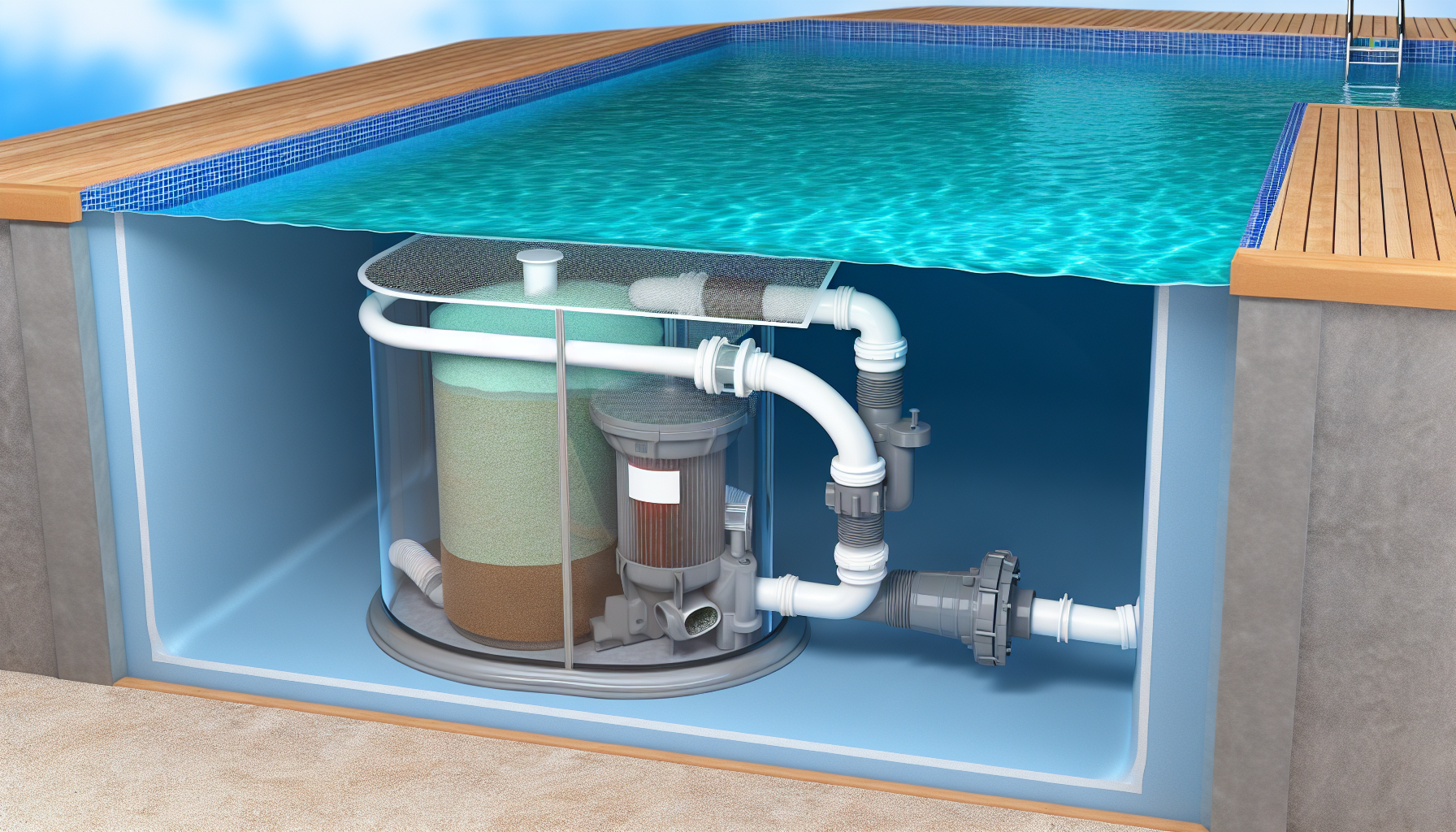 Querschnittsansicht eines Swimmingpools mit integriertem Filtersystem.