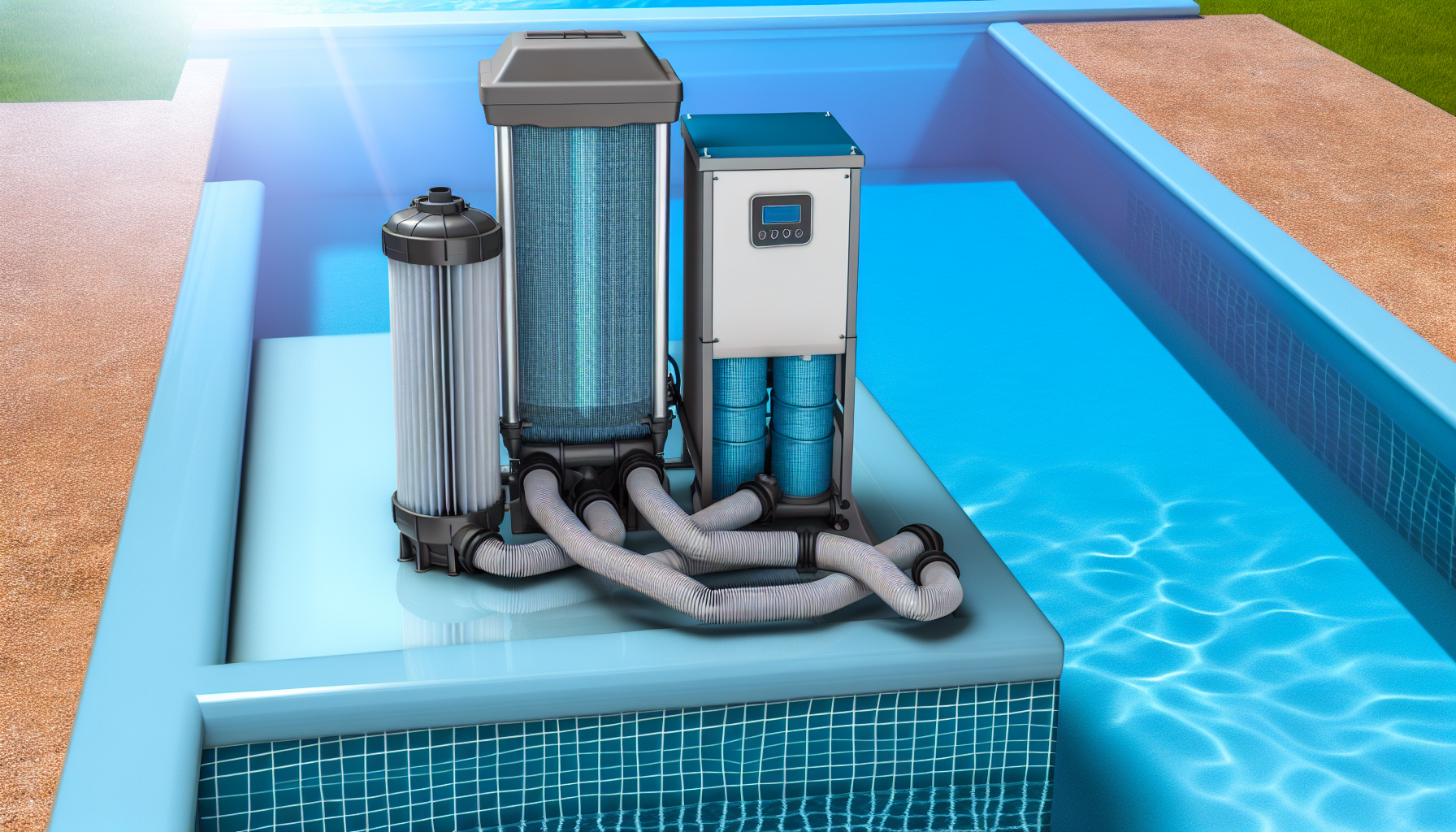 Swimmingpool-Filtrationsanlage mit Verrohrung und verschiedenen Komponenten am Rand eines Pools.