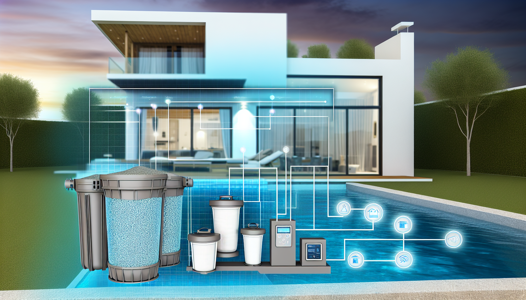Moderne Pool- und Hausautomation mit verschiedenen Steuerungselementen und -geräten im Vordergrund, angezeigt durch digitale Symbole und Linien.