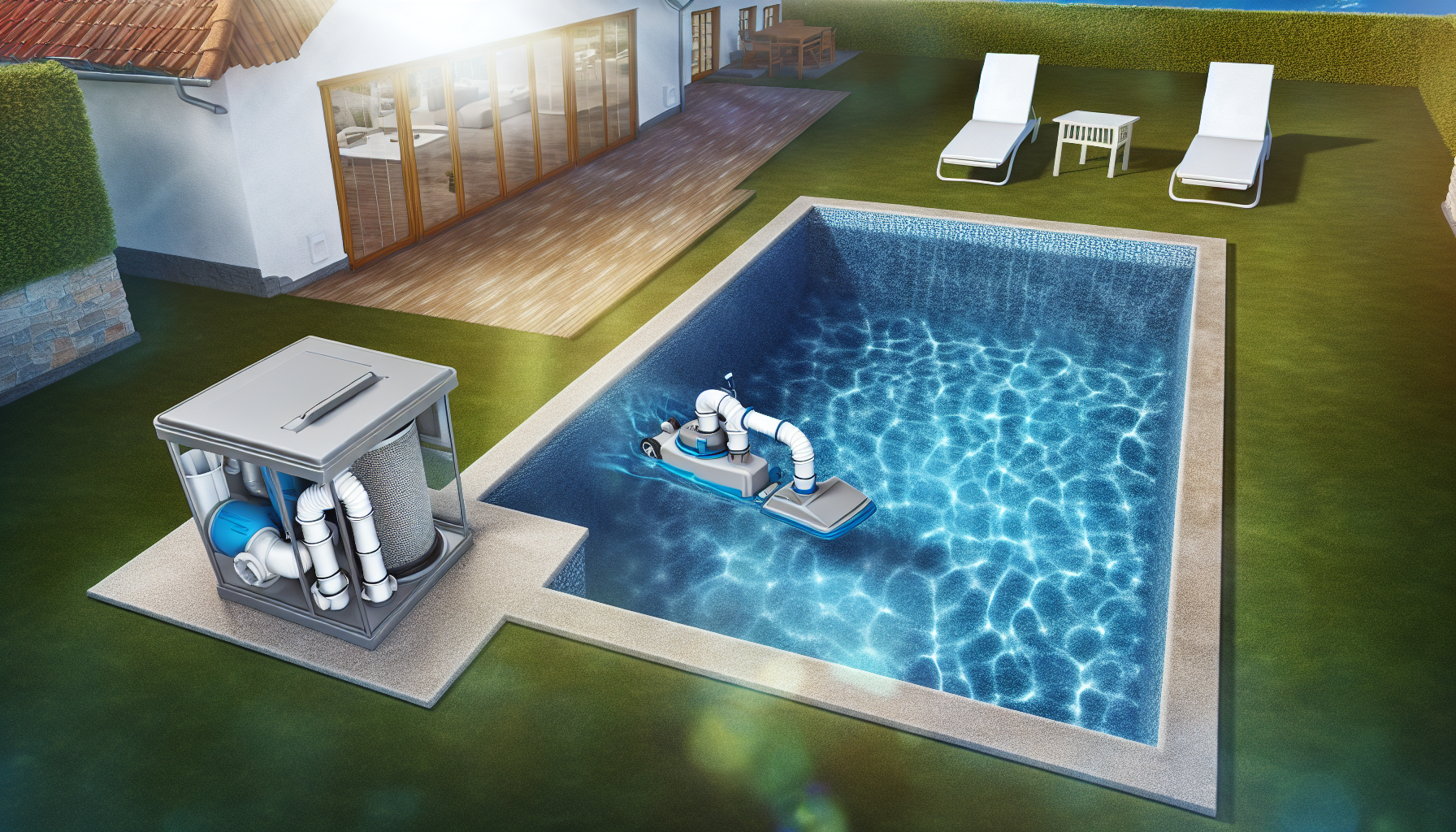 Ein Swimmingpool mit Reinigungsroboter und Filteranlage im Garten eines Hauses.