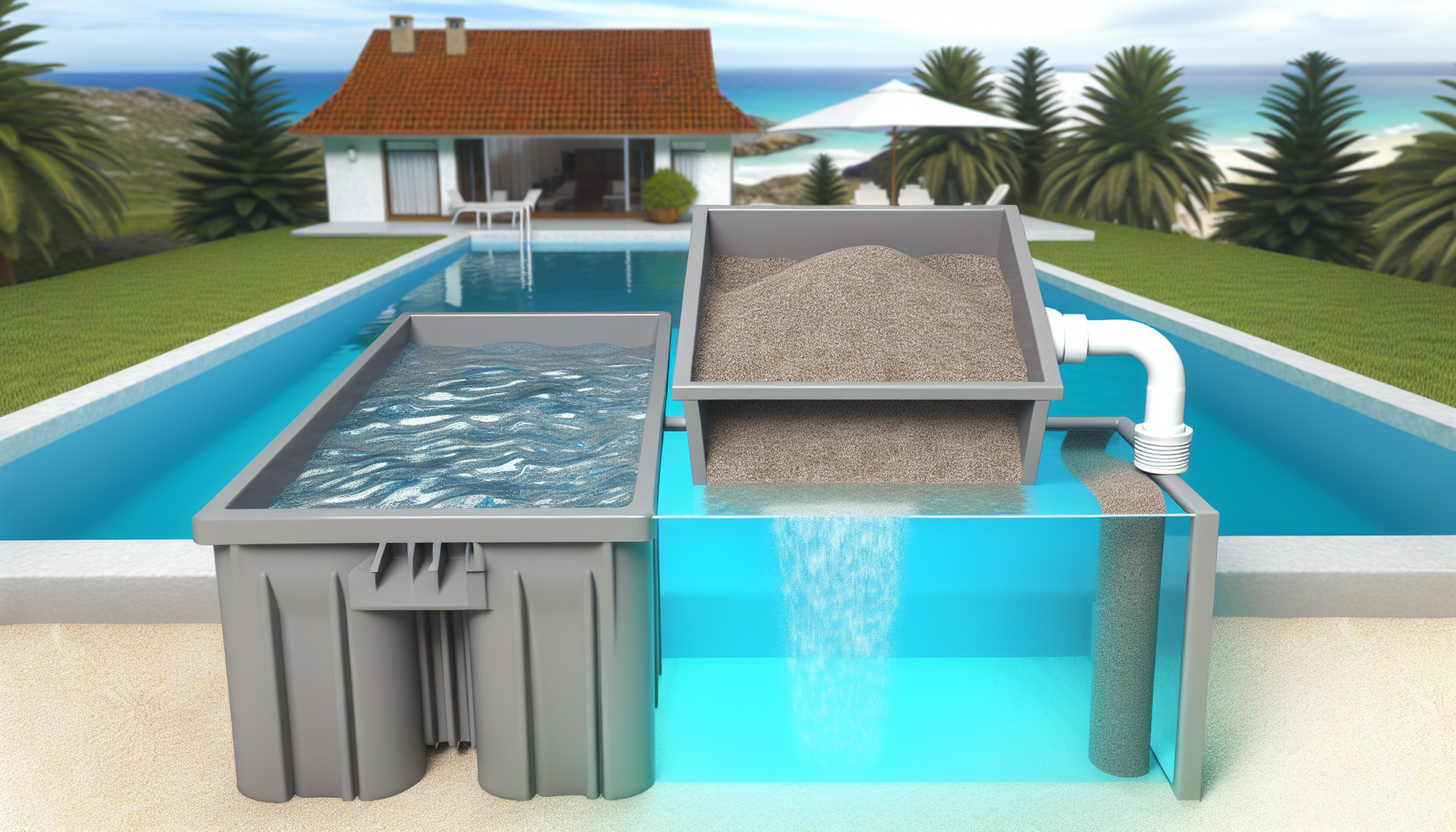 Schematische Darstellung eines Querschnitts durch ein swimming pool Filtrationssystem mit einem Blick auf die Umgebung.