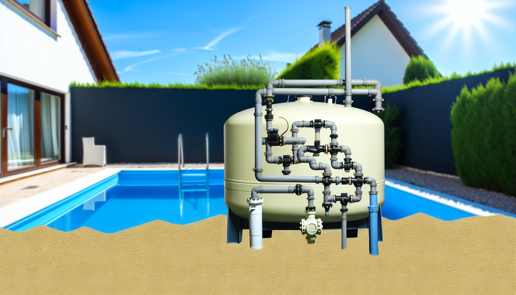 Ein Tank mit Rohrleitungen und Armaturen vor einem Swimmingpool und Haus bei strahlendem Sonnenschein.