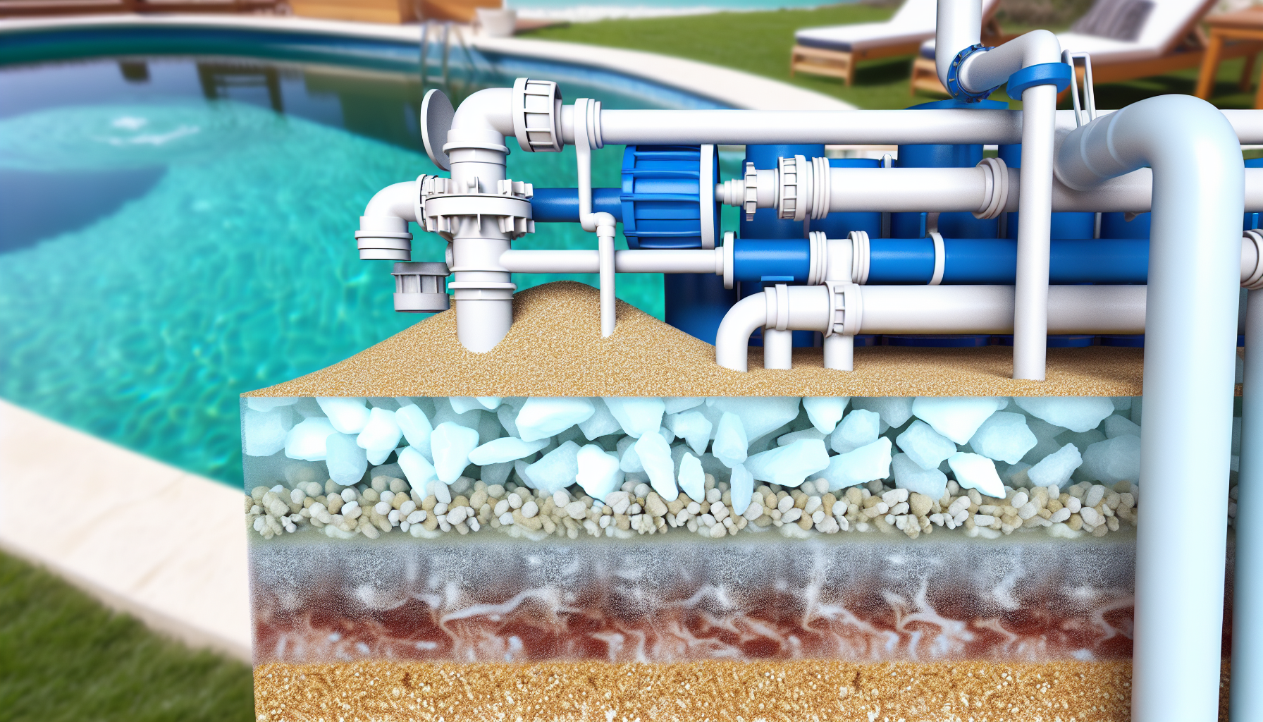 Querschnitt eines Pools mit dargestellten Wasseraufbereitungsanlagen und verschiedenen Schichten der Filtration.