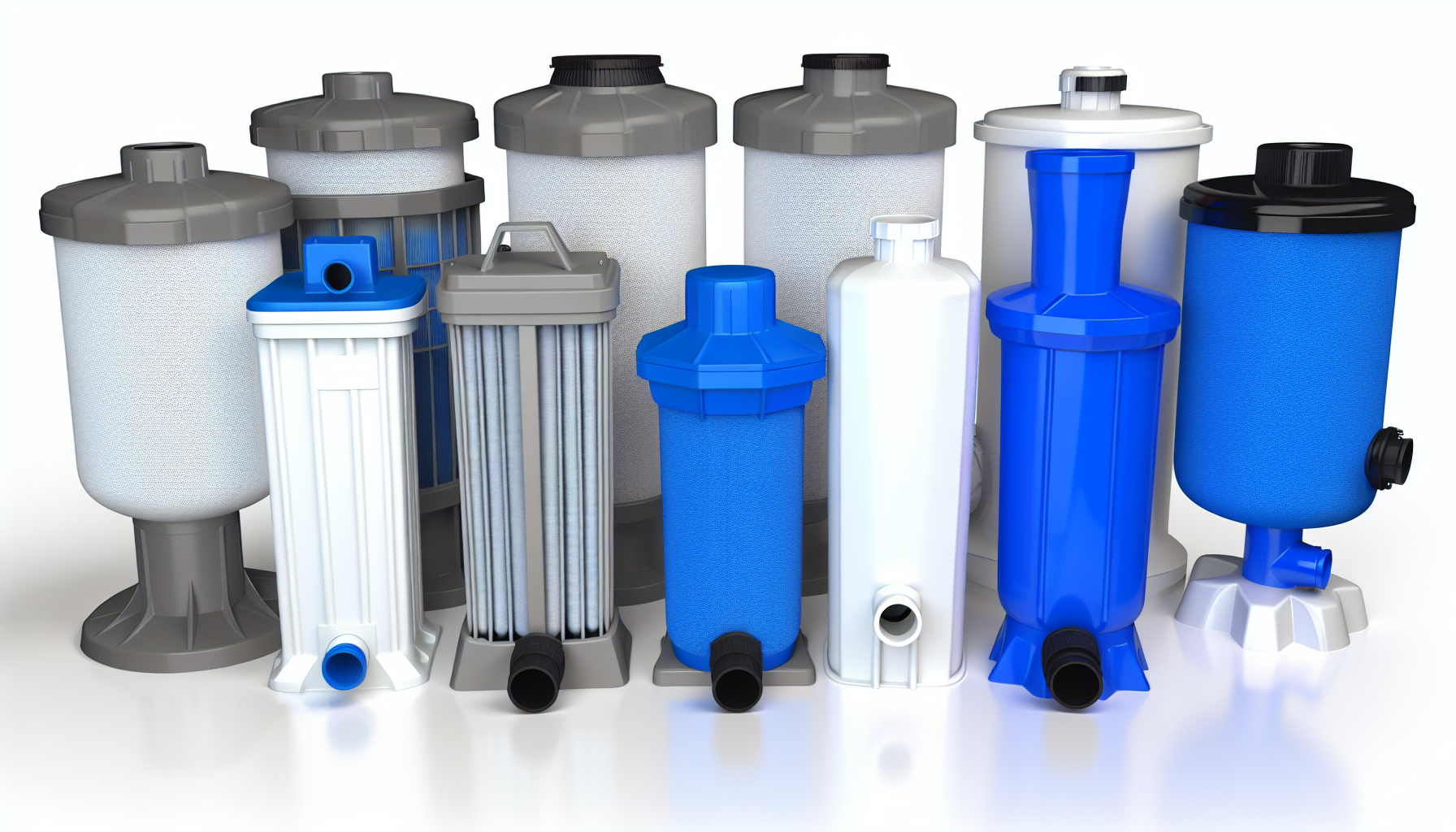 Verschiedene Modelle von Wasserfiltergehäusen mit unterschiedlichen Designs und Farben zur Wasseraufbereitung.