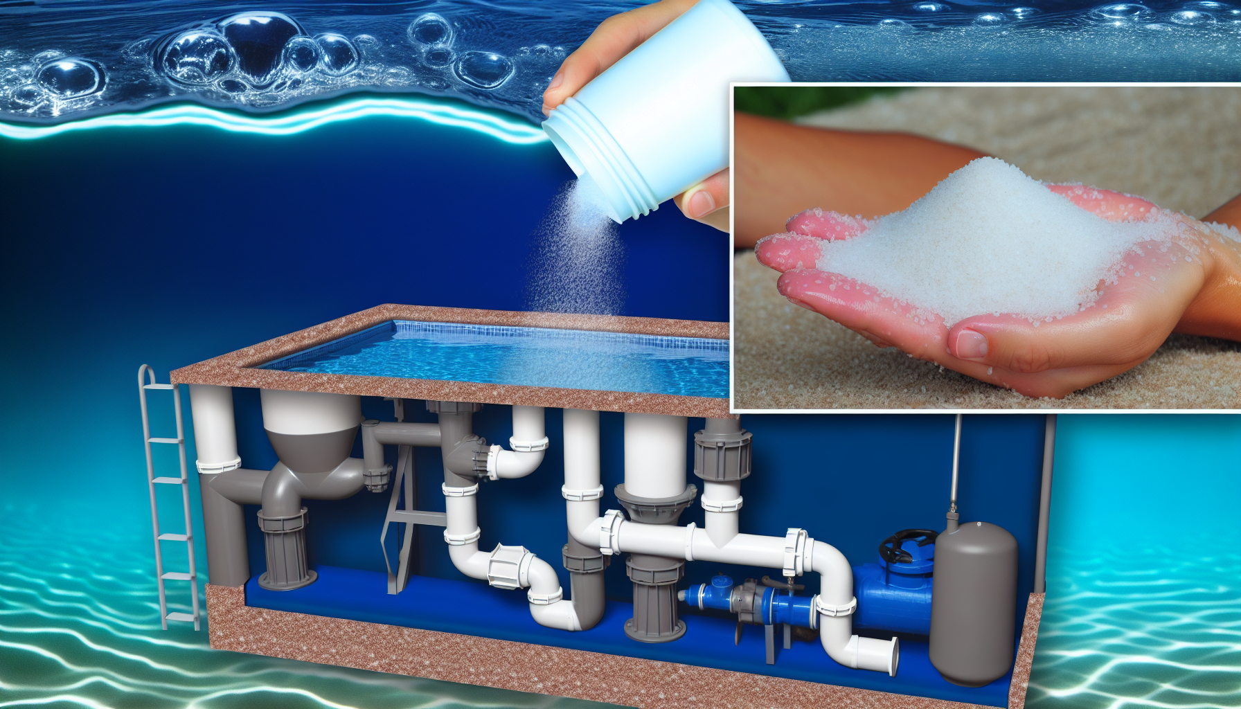 Illustration eines Poolschnitts mit integriertem Reinigungssystem und einer Hand, die Salz in das Wasser schüttet.