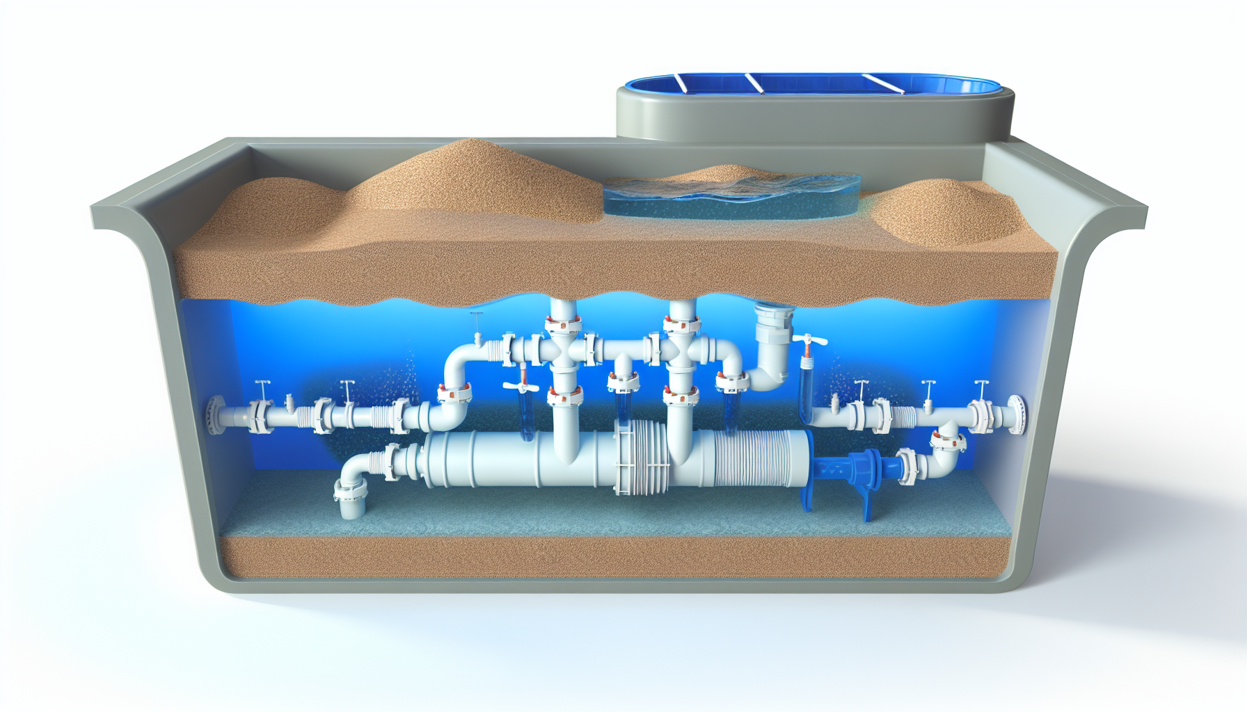3D-Illustration eines Schnittmodells eines unterirdischen Pools mit Rohrleitungen und Filtersystem.