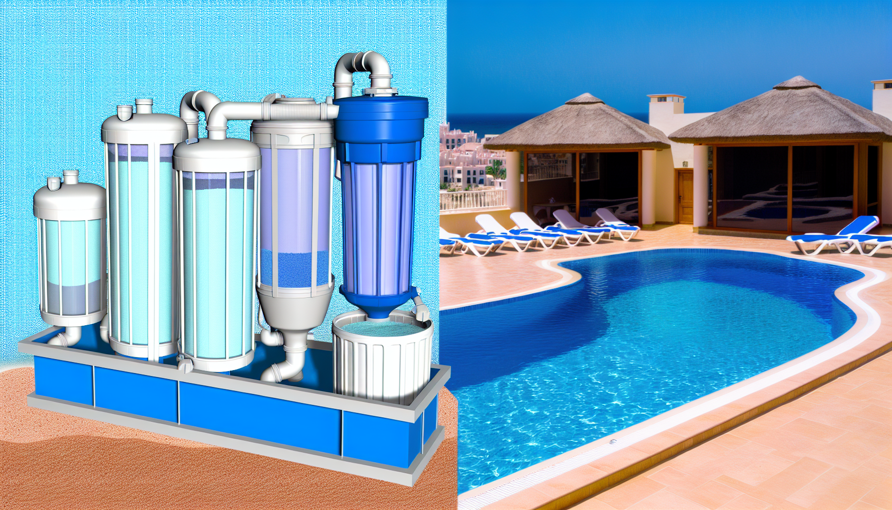 Split-view-Darstellung einer Wasseraufbereitungsanlage und eines luxuriösen Poolbereichs in einem Ferienresort.