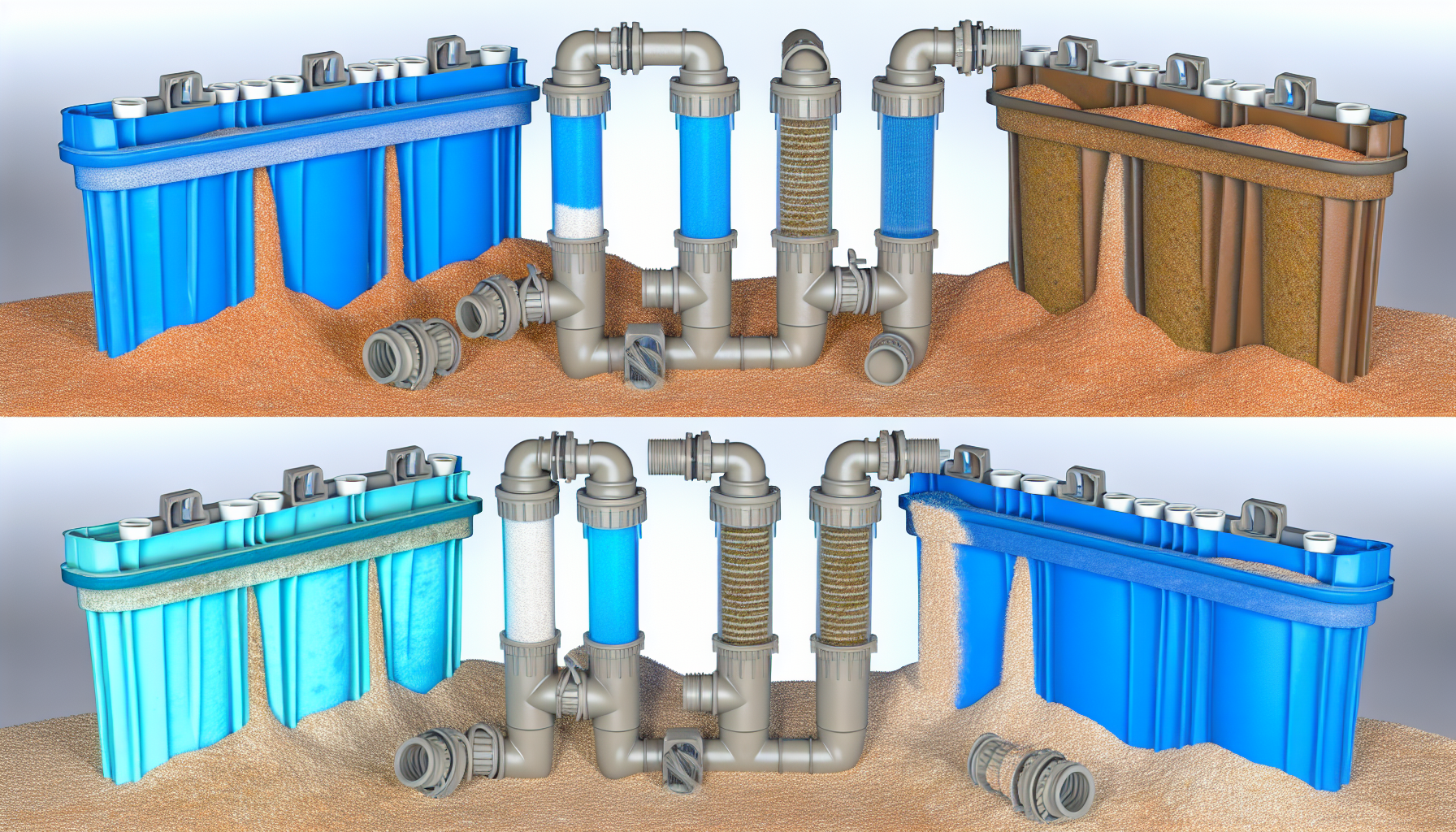 3D-Darstellung einer Wasserfiltrationsanlage mit Rohren und Filtern, sowohl neu als auch im gebrauchten Zustand.