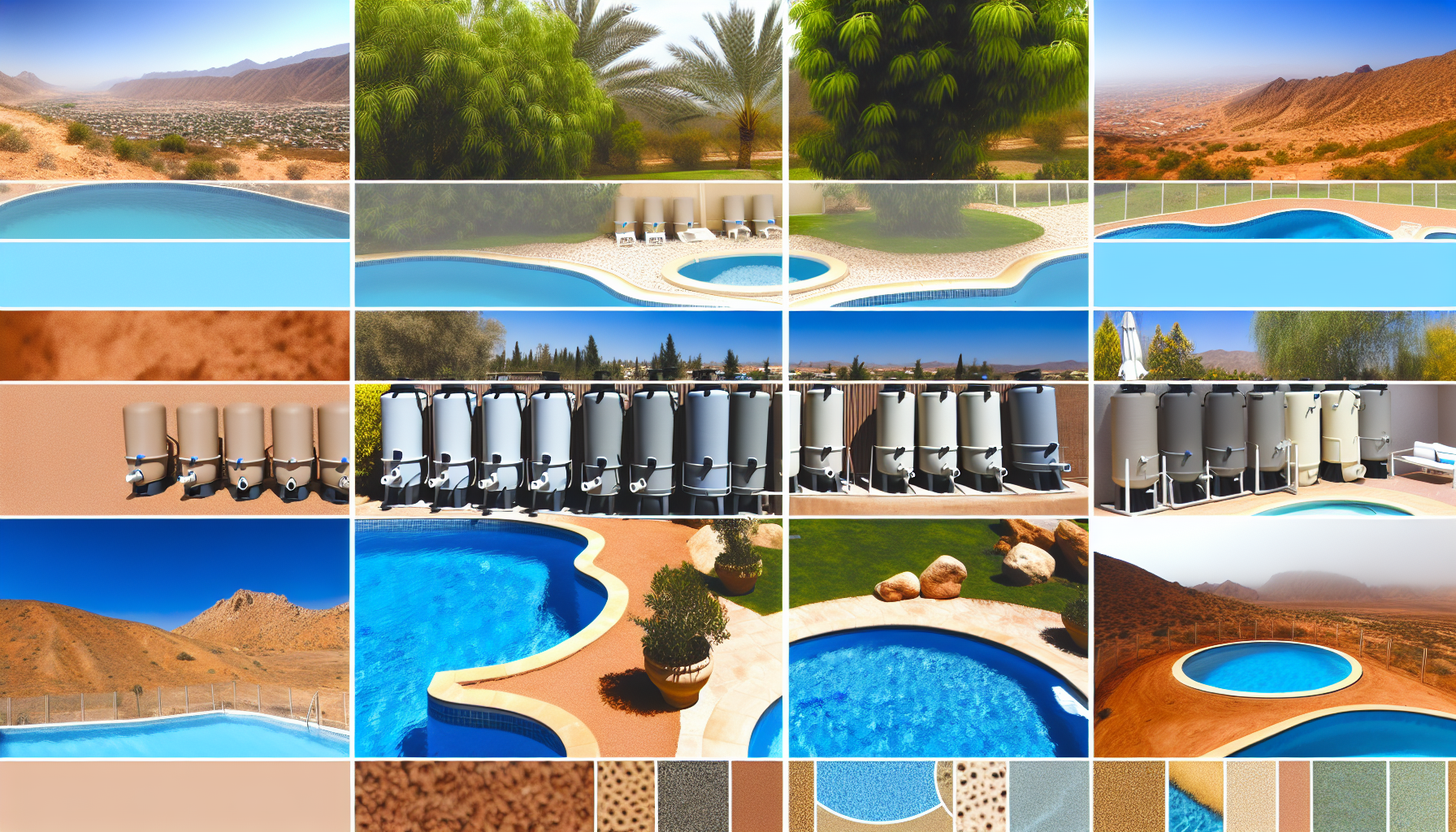 Collage aus verschiedenen Bildern mit Schwimmbädern, Landschaften und Poolfilteranlagen.