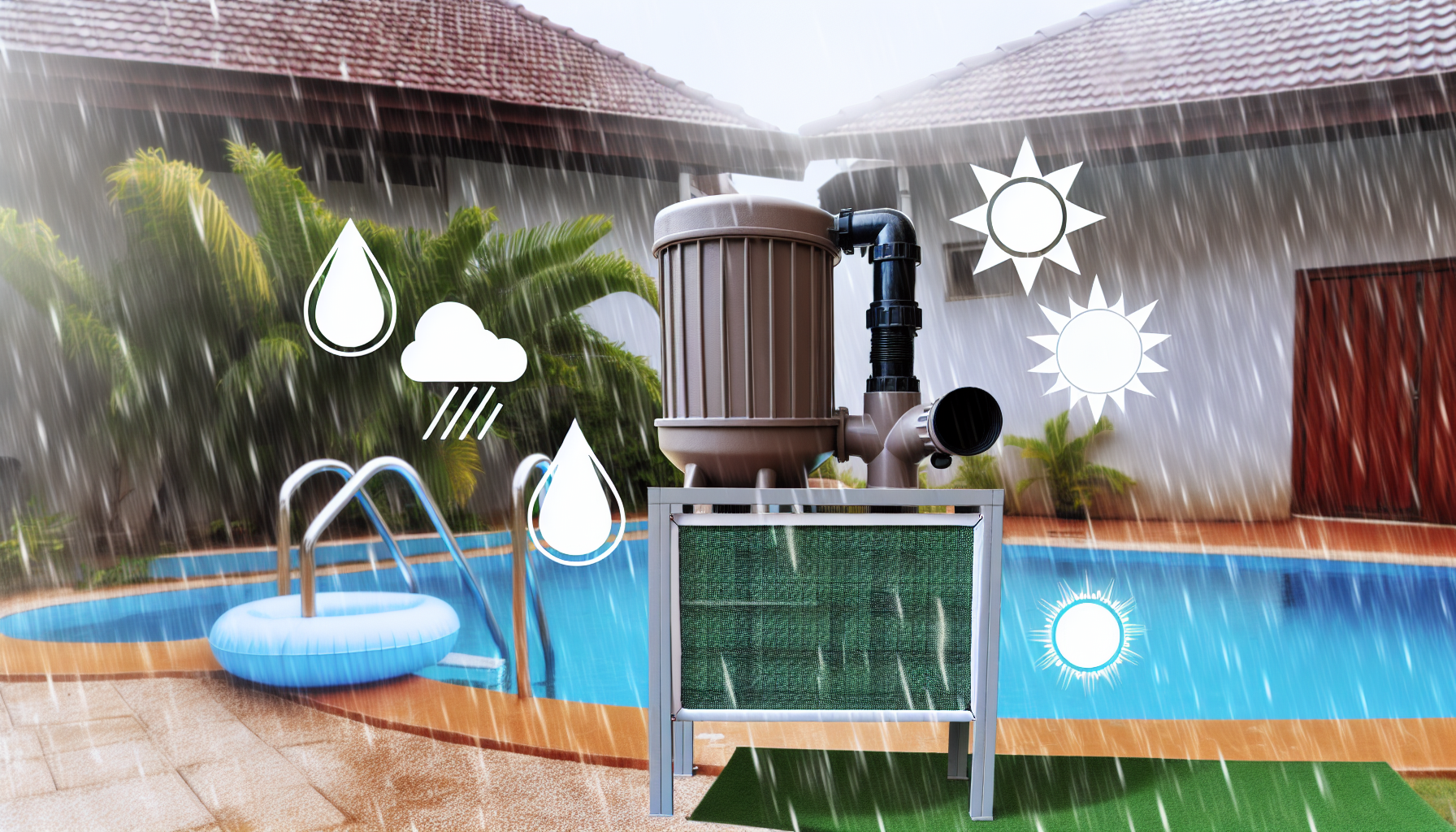 Poolpumpe und Filter bei Regenwetter neben einem Swimmingpool mit Animationssymbolen für Wasser, Wolken und Sonne.