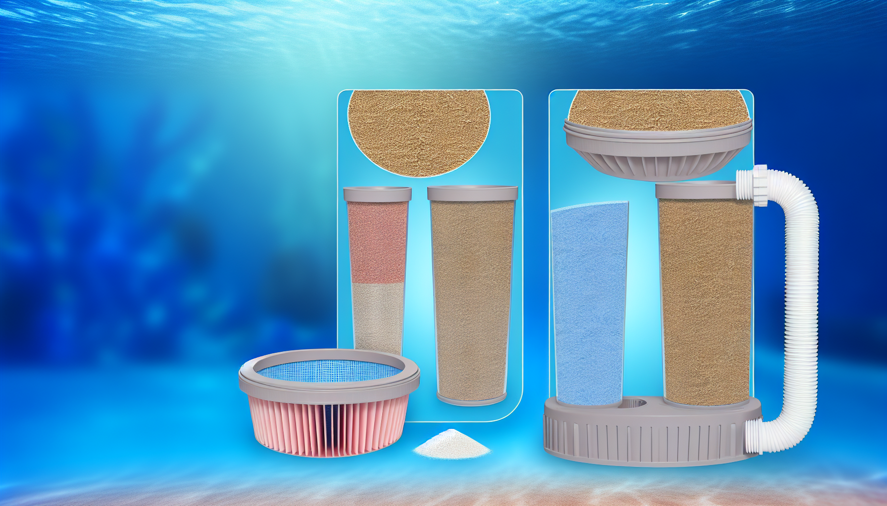 Schematische Darstellung eines Schwimmbad-Sandfiltersystems mit verschiedenen Filterstufen auf einem aquatischen Hintergrund.