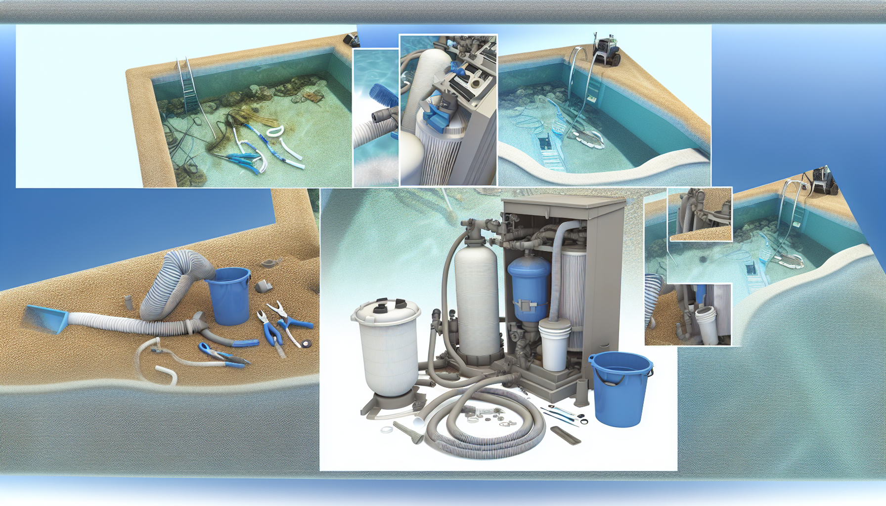 Illustration eines Schwimmbads mit verschiedenen Ansichten von Reinigungs- und Wartungsarbeiten sowie der dazugehörigen Filteranlage.
