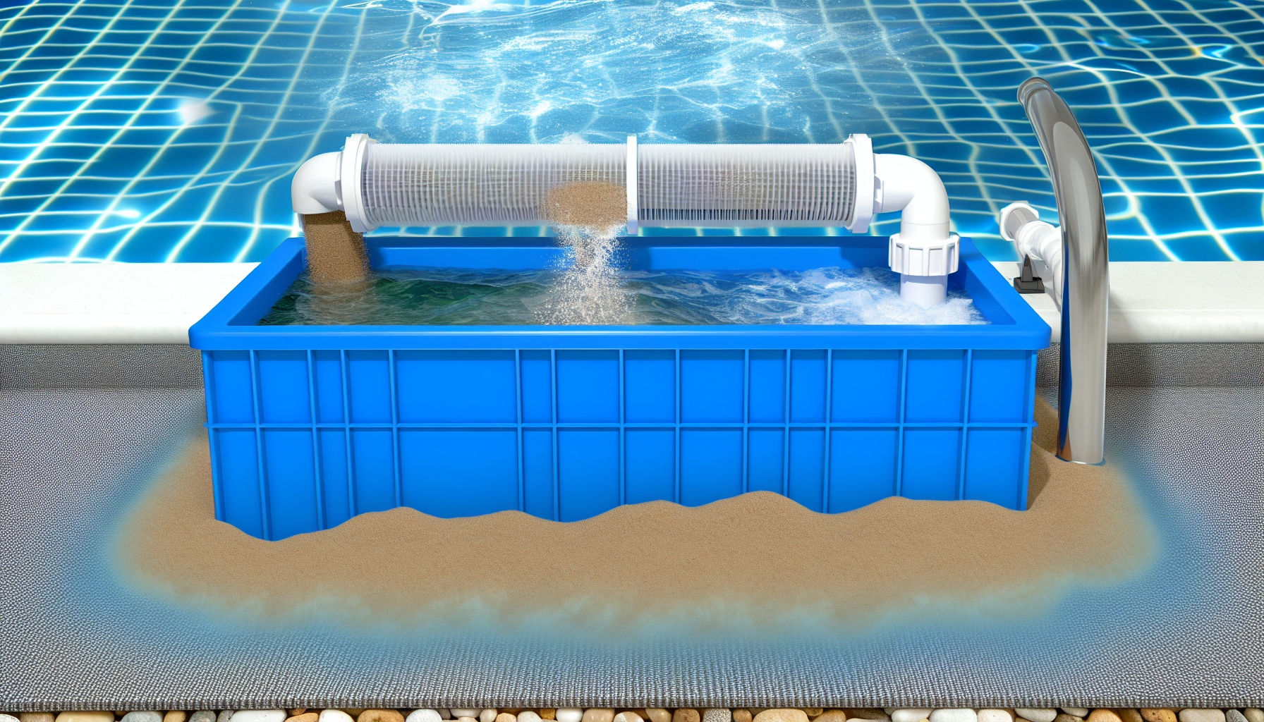 Ein aufblasbarer Pool mit Filteranlage auf einer Terrasse nahe einer Sandfläche.