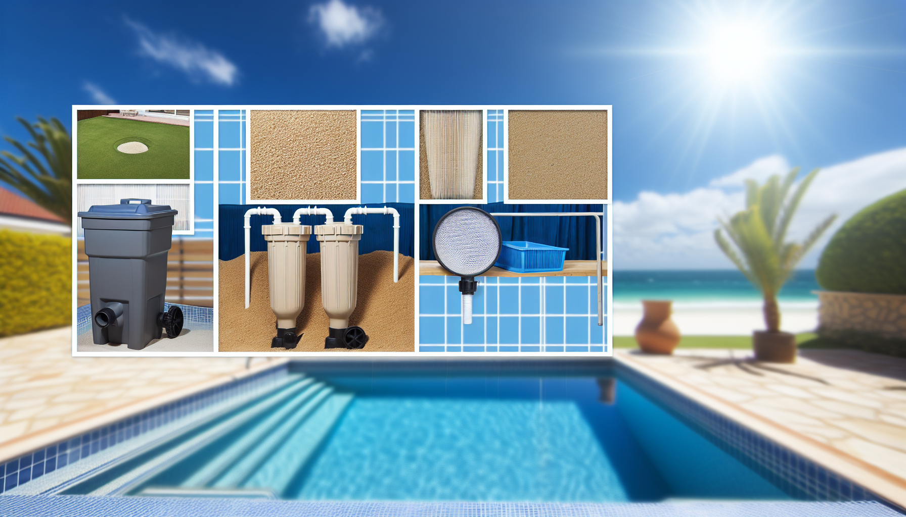 Collage verschiedener Poolpflegeprodukte vor einem Hintergrund mit Swimmingpool und Strandkulisse.