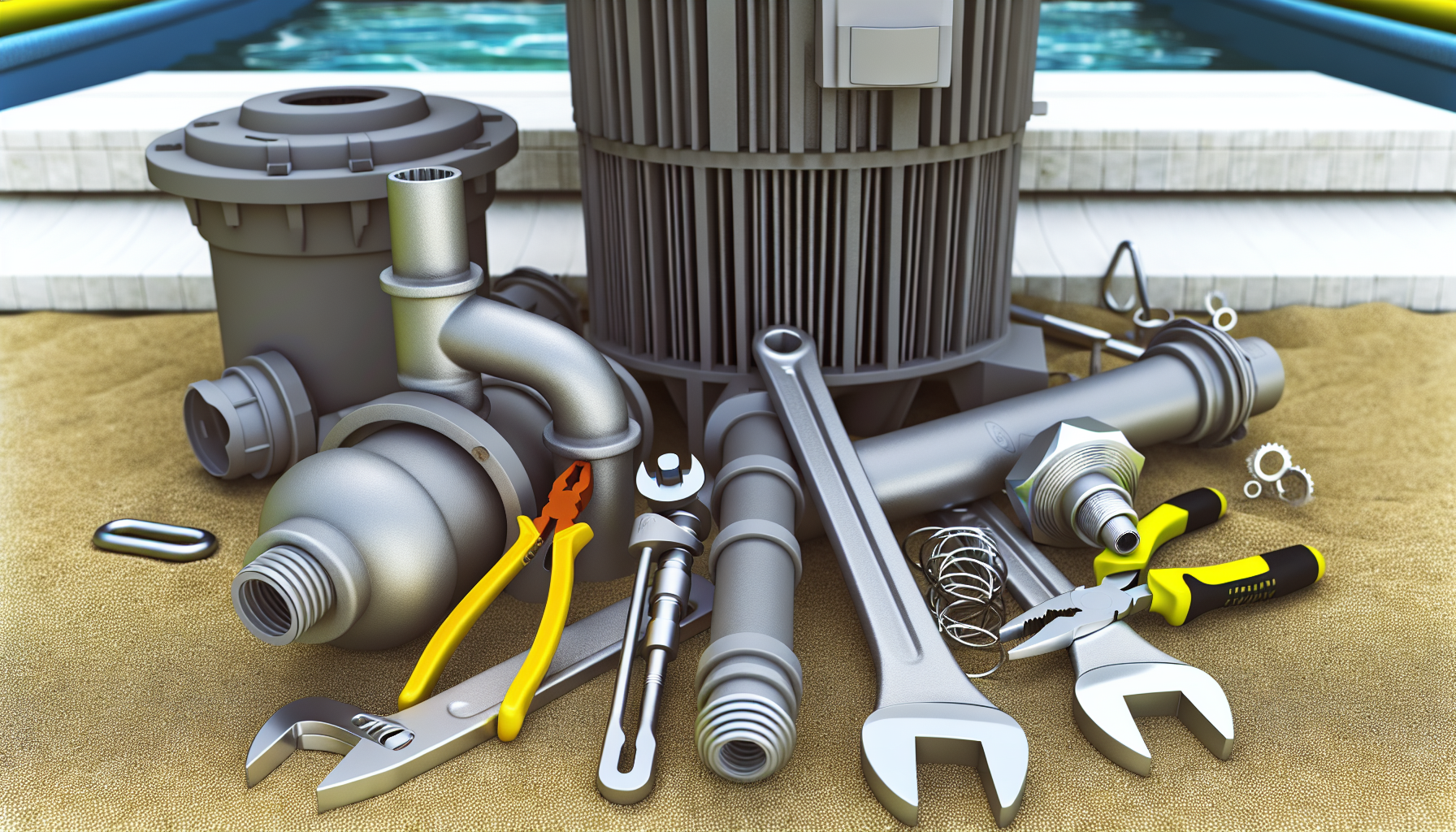 Verschiedene Schwimmbadfilter-Komponenten und Werkzeuge, die auf einem Boden neben einem Pool liegen.