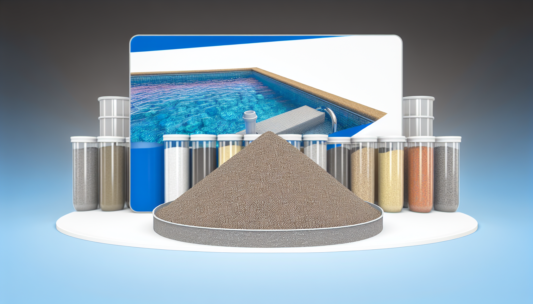 Eine grafische Darstellung eines Poolschnitts und verschiedener Filterschichten zur Wasseraufbereitung.